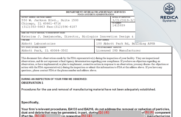 FDA 483 - Abbott Laboratories [Abbott Park / United States of America] - Download PDF - Redica Systems