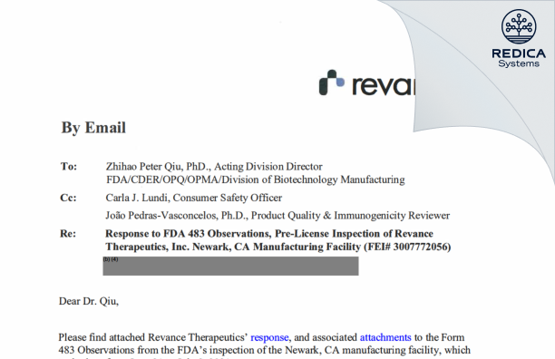 FDA 483 Response - Revance Therapeutics, Inc. [Newark / United States of America] - Download PDF - Redica Systems