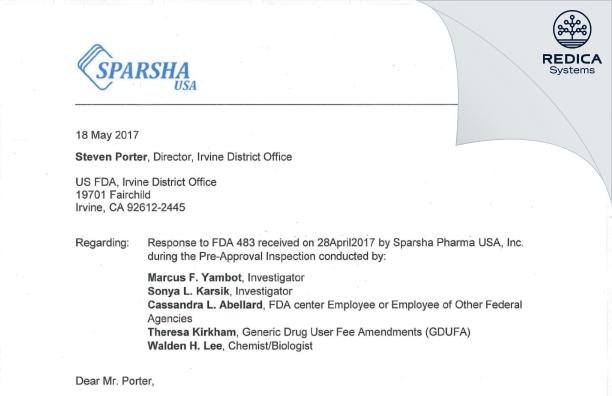 FDA 483 Response - Sparsha Pharma USA, Inc. [Oceanside / United States of America] - Download PDF - Redica Systems