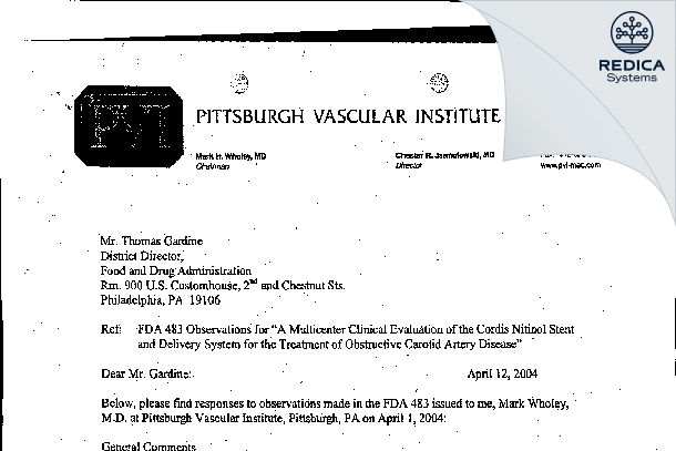 FDA 483 Response - Mark H. Wholey, M.D. [Pittsburgh / United States of America] - Download PDF - Redica Systems