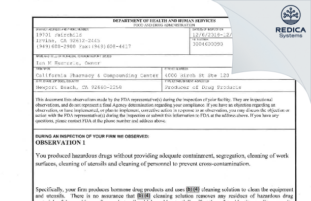 FDA 483 - California Pharmacy & Compounding Center [Newport Beach / United States of America] - Download PDF - Redica Systems