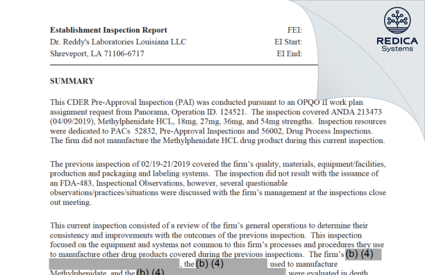 EIR - Dr. Reddy's Laboratories Louisiana, LLC [Shreveport / United States of America] - Download PDF - Redica Systems