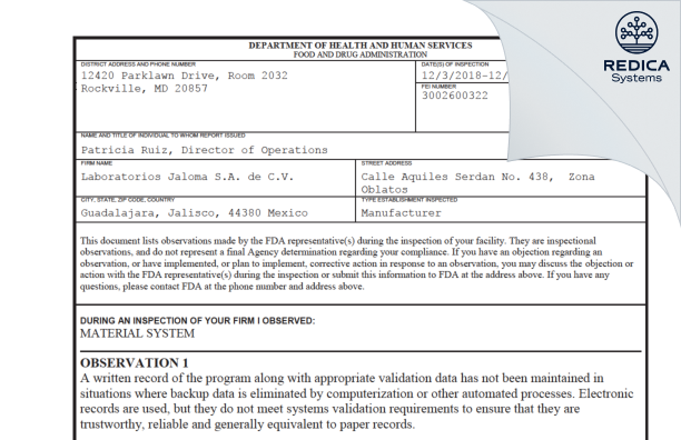 FDA 483 - Laboratorios Jaloma, S.A. de C.V. [Mexico / Mexico] - Download PDF - Redica Systems
