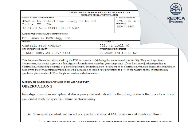 FDA 483 - Cantrell Drug Company [Little Rock / United States of America] - Download PDF - Redica Systems