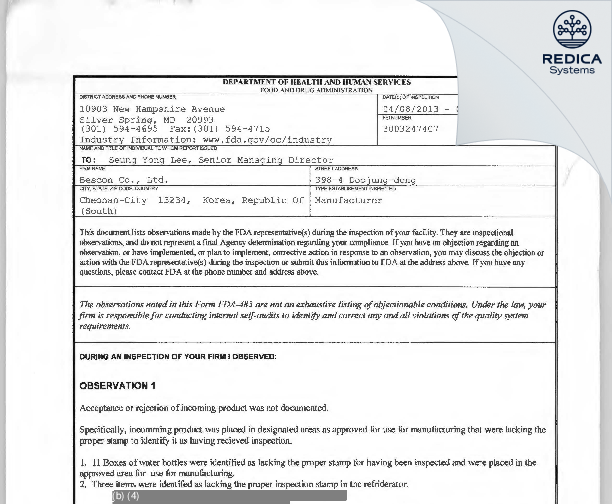 FDA 483 - Bescon Co., Ltd. [- / -] - Download PDF - Redica Systems