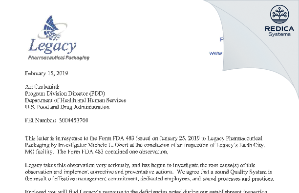 FDA 483 Response - Legacy Pharmaceutical Packaging, LLC [Earth City / United States of America] - Download PDF - Redica Systems