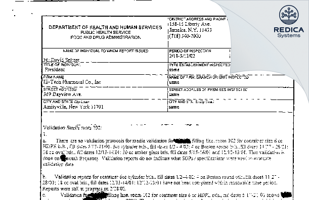 FDA 483 - Chartwell Pharmaceuticals Amityville, LLC. [Amityville / United States of America] - Download PDF - Redica Systems