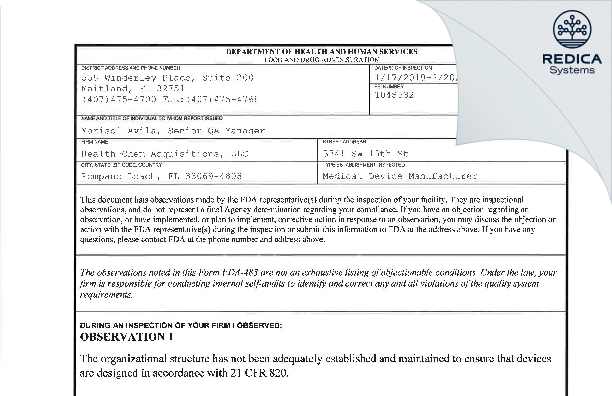 FDA 483 - Health-Chem Acquisitions, LLC [Pompano Beach / United States of America] - Download PDF - Redica Systems