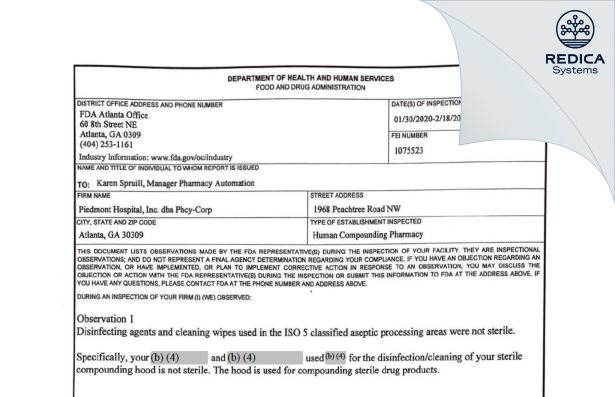 FDA 483 - Piedmont Hosp Inc [Atlanta / United States of America] - Download PDF - Redica Systems