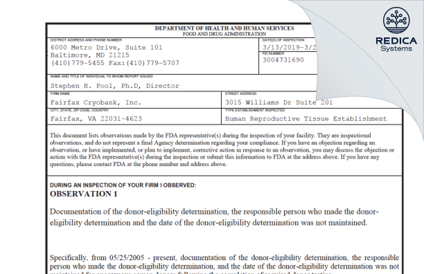 FDA 483 - Fairfax Cryobank, Inc. [Fairfax / United States of America] - Download PDF - Redica Systems