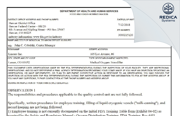 FDA 483 - Lincare, Inc [Lamar / United States of America] - Download PDF - Redica Systems