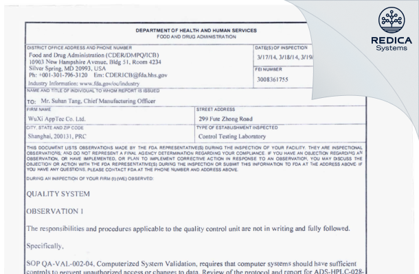 FDA 483 - WuXi AppTec (Shanghai) Co., Ltd. [Shanghai / China] - Download PDF - Redica Systems