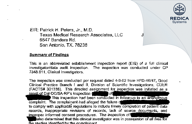 EIR - Patrick H Peters, Jr, MD [San Antonio / United States of America] - Download PDF - Redica Systems