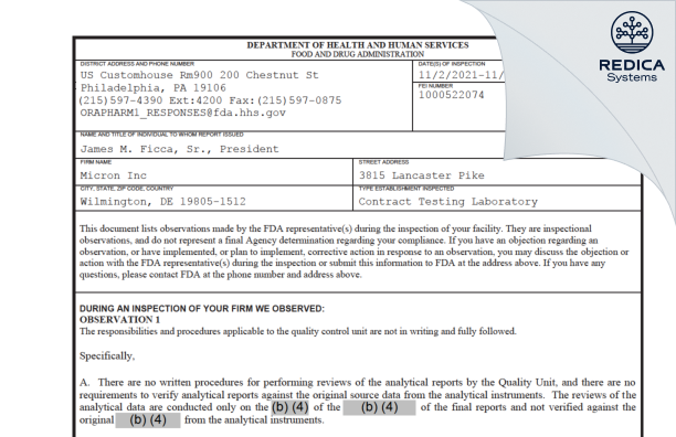 FDA 483 - Micron Inc [Wilmington / United States of America] - Download PDF - Redica Systems