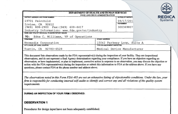 FDA 483 - Neomedix Corporation [Tustin / United States of America] - Download PDF - Redica Systems