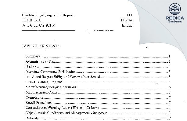 EIR - OPMX, LLC [Chula Vista / United States of America] - Download PDF - Redica Systems