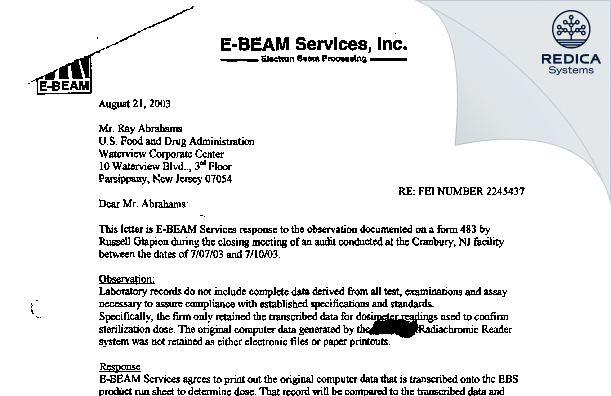 FDA 483 Response - E-BEAM Services, Inc. [Jersey / United States of America] - Download PDF - Redica Systems