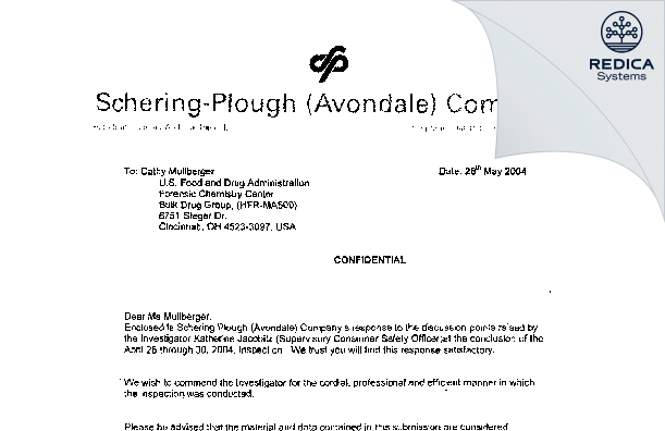 FDA 483 Response - Schering-Plough (Avondale) Company [Wicklow / Ireland] - Download PDF - Redica Systems