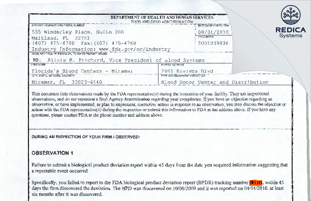 FDA 483 - OneBlood, Inc. [Miramar / United States of America] - Download PDF - Redica Systems