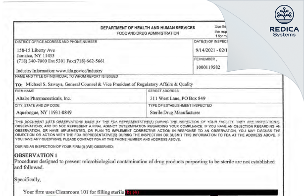FDA 483 - Altaire Pharmaceuticals Inc. [Aquebogue New York / United States of America] - Download PDF - Redica Systems