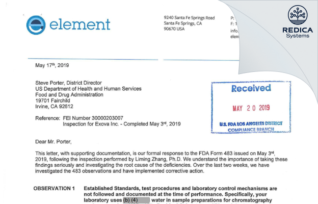 FDA 483 Response - Element Materials Technology Pharma US LLC [Santa Fe Springs California / United States of America] - Download PDF - Redica Systems