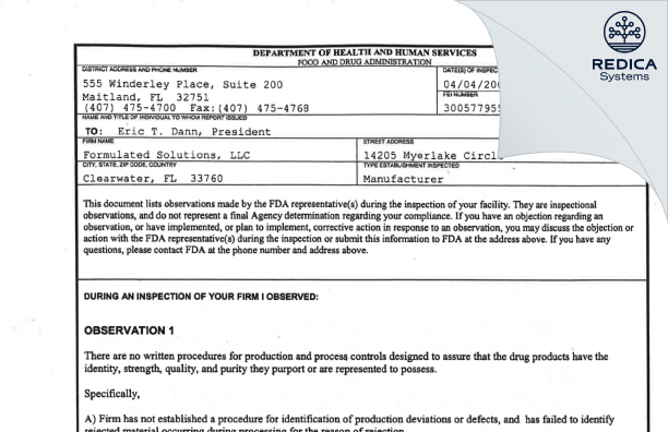FDA 483 - Formulated Solutions, LLC [Largo / United States of America] - Download PDF - Redica Systems