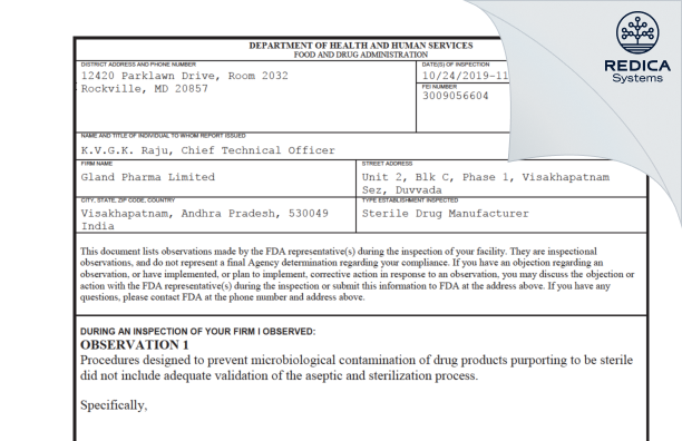 FDA 483 - Gland Pharma Limited [India / India] - Download PDF - Redica Systems