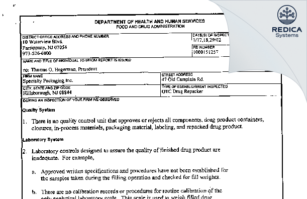 FDA 483 - Specialty Packaging LLC [Hillsborough / United States of America] - Download PDF - Redica Systems