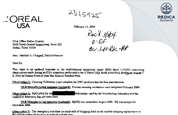FDA 483 Response - L'OREAL USA, INC. [North Little Rock / United States of America] - Download PDF - Redica Systems