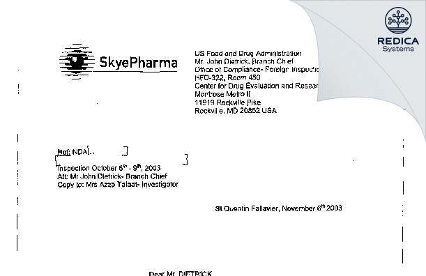FDA 483 Response - SKYEPHARMA PRODUCTION SAS [France / France] - Download PDF - Redica Systems