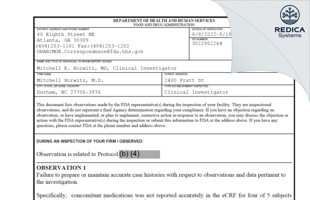 FDA 483 - Mitchell Horwitz, M.D. [Durham / United States of America] - Download PDF - Redica Systems