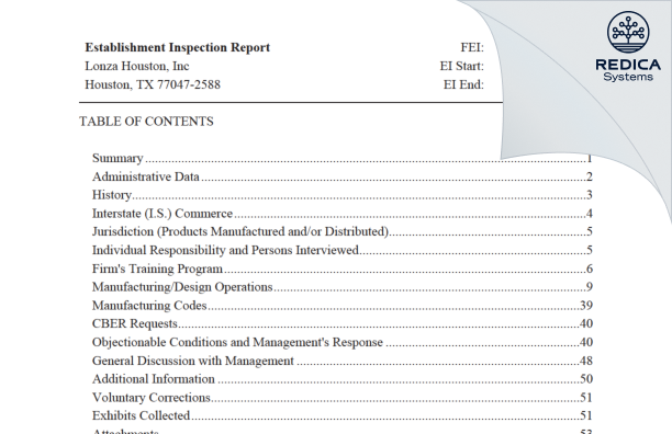 EIR - Lonza Houston, Inc [Houston / United States of America] - Download PDF - Redica Systems