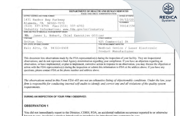 FDA 483 - Sciton Inc. [Palo Alto / United States of America] - Download PDF - Redica Systems