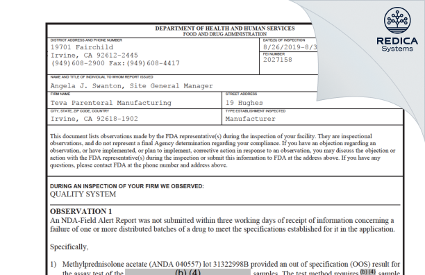 FDA 483 - Teva Parenteral Medicines, Inc. [Irvine / United States of America] - Download PDF - Redica Systems