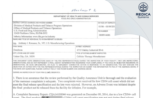 FDA 483 - Dendreon Pharmaceuticals LLC [Union City / United States of America] - Download PDF - Redica Systems