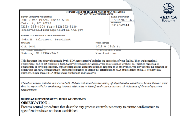 FDA 483 - C&A TOOL [Auburn / United States of America] - Download PDF - Redica Systems