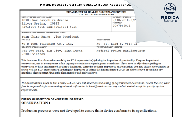 FDA 483 - Wu's Tech (Vietnam) Co., Ltd. [Hoa Phu Ward Thu Dau Mot City / Viet Nam] - Download PDF - Redica Systems