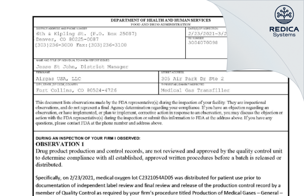FDA 483 - Airgas Usa, LLC [Fort Collins / United States of America] - Download PDF - Redica Systems