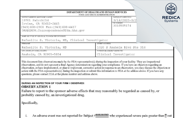 FDA 483 - Rafaelito S. Victoria, MD [La Palma / United States of America] - Download PDF - Redica Systems