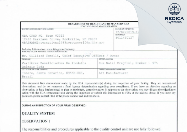FDA 483 - Cartibras Beneficiadora De Produtos Animais Ltda [Brazil / Brazil] - Download PDF - Redica Systems