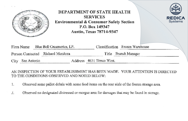 FDA 483 - Blue Bell Creameries, LP [Broken Arrow / United States of America] - Download PDF - Redica Systems