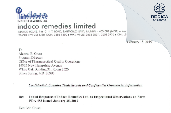 FDA 483 Response - INDOCO REMEDIES LIMITED [India / India] - Download PDF - Redica Systems