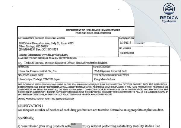 FDA 483 - Hisamitsu Pharmaceutical Co., Inc. [Utsunomiya / Japan] - Download PDF - Redica Systems