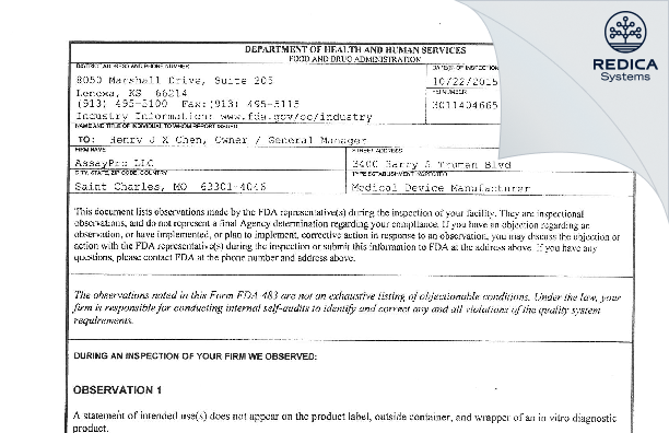 FDA 483 - AssayPro [Saint Charles / United States of America] - Download PDF - Redica Systems