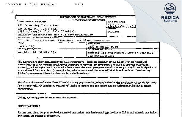 FDA 483 - NexAir, LLC [Memphis / United States of America] - Download PDF - Redica Systems