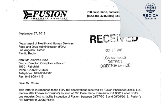 FDA 483 Response - California Pharmaceuticals, LLC [Camarillo / United States of America] - Download PDF - Redica Systems