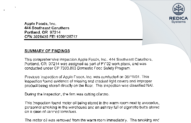EIR - Apple Foods Inc [Portland / United States of America] - Download PDF - Redica Systems