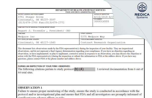 FDA 483 - Medpace Inc [Cincinnati / United States of America] - Download PDF - Redica Systems