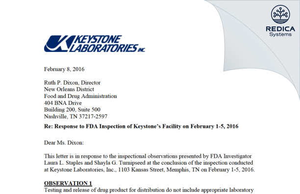 FDA 483 Response - Keystone Laboratories, Inc. [Memphis / United States of America] - Download PDF - Redica Systems
