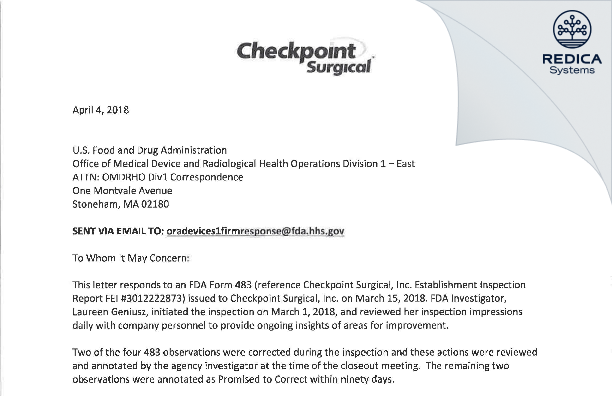 FDA 483 Response - Checkpoint Surgical Inc [Cleveland / United States of America] - Download PDF - Redica Systems